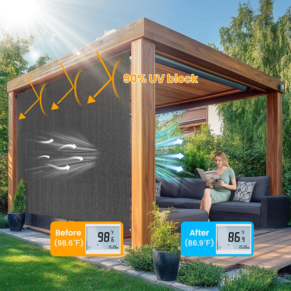 Breezombra 8'W x 8'H Gray Patio Shades Roll up Outdoor Roller Shade Crank Wand Blind Cordless, 90% UV Blocking & Privacy Protection for Porch|Gazebo|Pergola|Backyard (2 Splicing Tube, 1 Fabric)