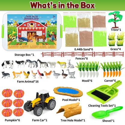 Bloolilies Sensory Bin, 59 Pcs Farm Sensory Sand Box Kits with Sandbox & Farm Animals & Tractor Playset, Play Sand Art Kit Magic Sand Toys for Boys Girls Toddlers Birthday Gift for Kids