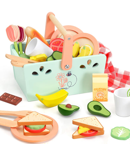 KizKnows Wooden Toy Picnic Playset, 31 Pcs Wooden Play Food Sets Sandwich Stacking Toys for Kids Pretend Play Cutting Food Toys Toddlers Play Kitchen Accessories Gift for Girls Boys Age 3+