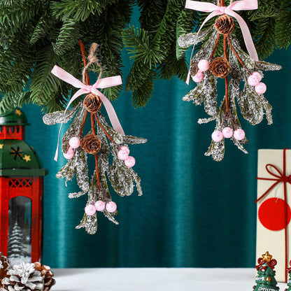 Giegxin 1 Piece Christmas Artificial Mistletoe Ornament with Red Bow Christmas Hanging Mistletoe Decoration Bouquet Floral Natural Pine Cones Holiday Decoration Ornament Bouquet (Pink Style)
