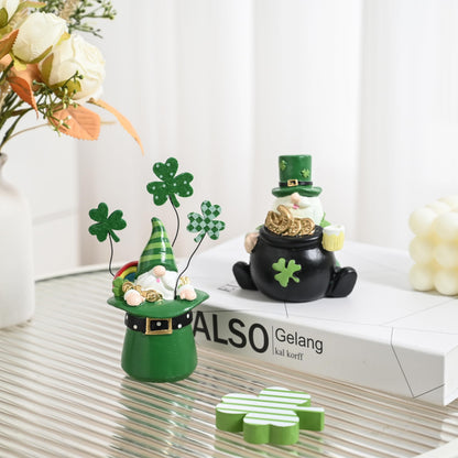 AOMOONOA St. Patrick’s Day Gnomes, 2Pcs Small Leprechaun Figurines for Irish Home Decor, Resin Green Elf Statues with Coins and Lucky Clover for Holiday Tabletop, Tiered Tray Decorations