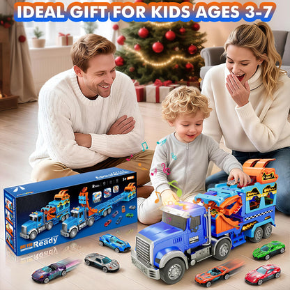 Kids Toys for 3 4 5 6 7 8 Years Old Boys, Carrier Truck Transport Car with Lights Sounds, Christmas Birthday Gift for Toddler, Foldable Layer Car Race Track Playset with Race Track, 6 Metal Toy Cars