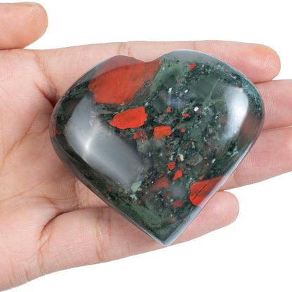 Crocon 50mm African Bloodstone Heart Stone Big Heart Shape Puff Stones Set 450+ Carats Pocket Crystal Healing Tumble Collection Palm Worry Stone Good Luck Charm Meditation Gift Craft Home Decor