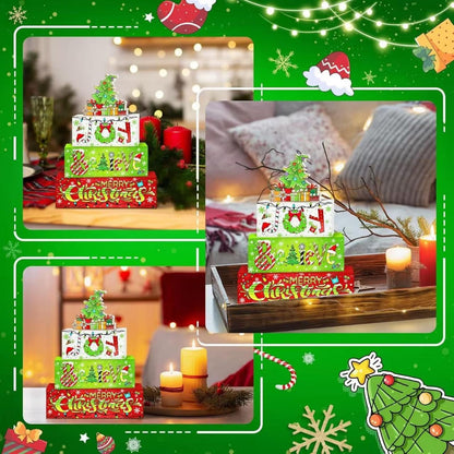 4 Pcs Christmas Wooden Tabletop Decor Winter Christmas Tree Gift Tiered Tray Decorations,Winter Table Centerpieces, Red and Green Centerpiece Rustic Block Signs,Furniture Kitchen Decor Gifts