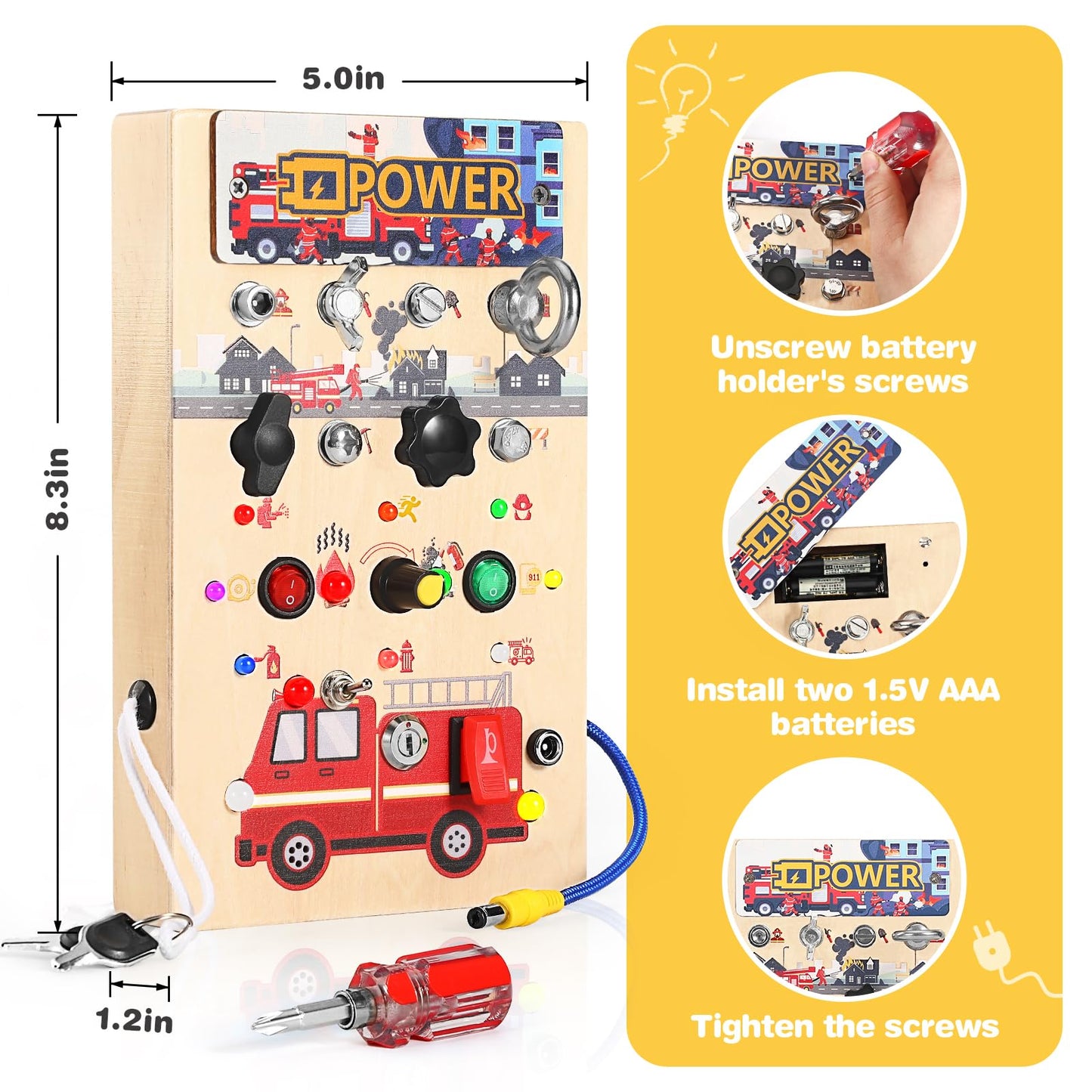 Busy Board for Toddlers 1-3 Montessori Toys - 2 in 1 Wooden Sensory Toys with LED Light Switches & Screwdriver Board - Fire Truck Toddler Learning Toy for 2 3 4 Year Old Boy Girl Car Plane Travel
