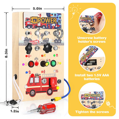 Busy Board for Toddlers 1-3 Montessori Toys - 2 in 1 Wooden Sensory Toys with LED Light Switches & Screwdriver Board - Fire Truck Toddler Learning Toy for 2 3 4 Year Old Boy Girl Car Plane Travel