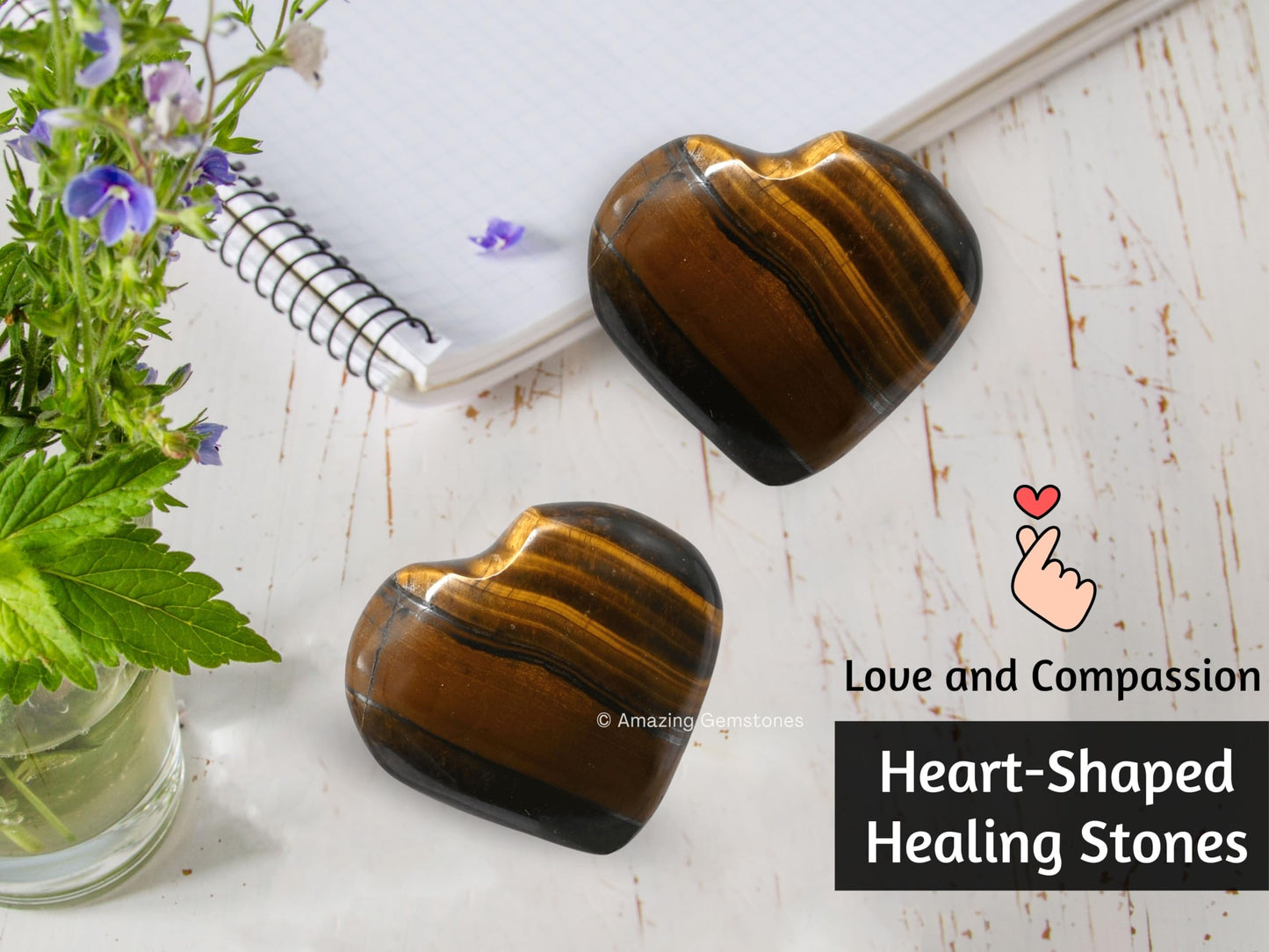Tiger Eye Crystal Heart Palm Stone - Pocket Massage Worry Stone for Natural Body Chakra Balancing, Reiki Healing and Crystal Grid