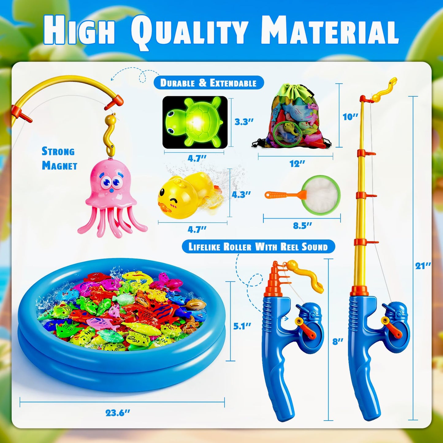 CozyBomB™ Magnetic Fishing Toys Game Set for Kids | Water Table Bathtub Kiddie Pool Party Pole Rod Net, Outdoor Plastic Floating Fish, Toddler Bath Color Ocean Sea Animals Birthday Gift Age 3-5 6 4-8