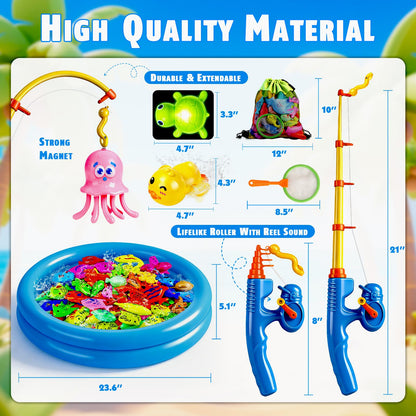 CozyBomB™ Magnetic Fishing Toys Game Set for Kids | Water Table Bathtub Kiddie Pool Party Pole Rod Net, Outdoor Plastic Floating Fish, Toddler Bath Color Ocean Sea Animals Birthday Gift Age 3-5 6 4-8