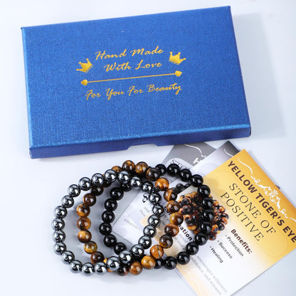 CMBYN 3-Pieces 8mm Natural Crystal Gemstone – ﻿Black Onyx, Hematite, Yellow Tiger's Eye Handmade Reiki Energy Healing Stretch Bracelets Jewelry for Yoga, Meditation, Unisex