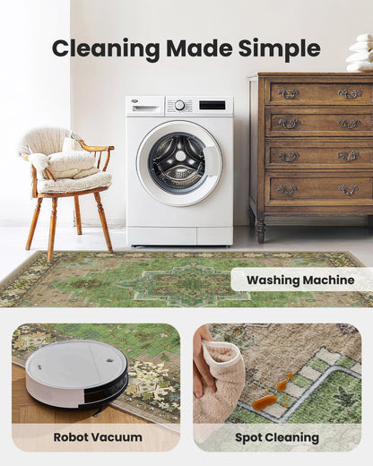 AMADA HOMEFURNISHING 9x12 Area Rug for Living Room, Vintage Washable Area Rug Low-Pile & Non-Slip Carpet for Bedroom Dining Room Nursery Home Office, Green