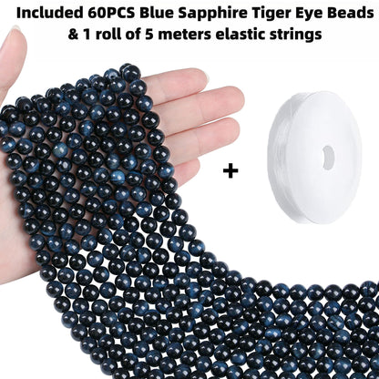 QINJIEJIE 60PCS Blue Sapphire Tiger Eye Beads 8mm Stone Beads Round Loose Gemstone Bead for Bracelet Beading Crystal Jewelry Making DIY Necklace Earrings 0.32"