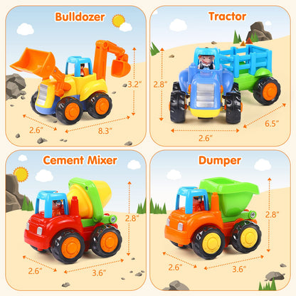 ORWINE Inertia Toy Early Educational Toddler Baby Toy Friction Powered Cars Push and Go Cars Tractor Bulldozer Dumper Cement Mixer Engineering Vehicles Toys for Children Boys Girls Kids Gift 4PCS