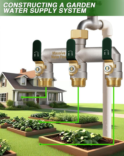 Garden Hose Splitter 3 Way Heavy Duty Brass Nickel Plated Hose Splitter with Large Handle, Full Flow Water Hose Spigot Splitter with Shutoff Valve, T Adapter Connector, 3/4 - Inch GHT Thread（Green）