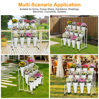 NEYCIL Flower Stand, 3-Tier Flower Display Stand with Buckets for Indoor Outdoor, Flower Cart Display Stand with Wheels for Courtyard, Balcony, Flower Shop, Wedding, Party, Exhibition (White)