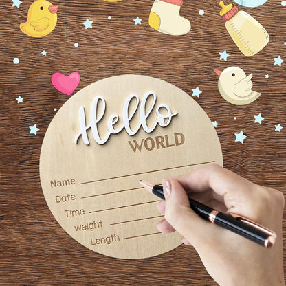 Baby Announcement Sign, 5.9 Inch Wooden Hello World Newborn Signs, Birth Announcement Sign, Baby Shower Hospital Nursery for Newborn Boys and Girls (White)