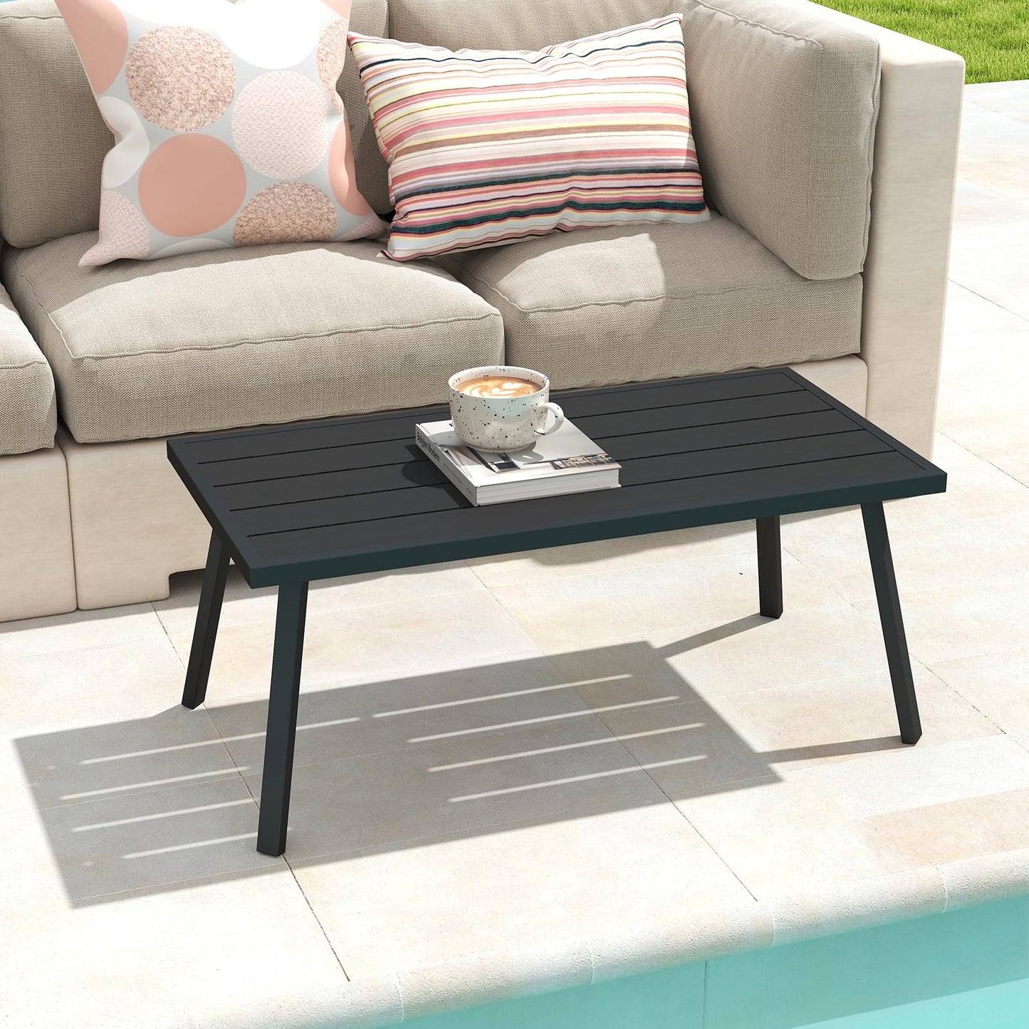 Helios&Hestia Small Rectangle Iron Outdoor Coffee Side End Table for Patio, Deck, Backyard, Garden, Poolside, Black