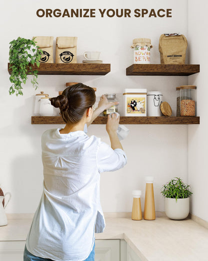 Marsmiles 30" Floating Shelves for Wall, Wooden Shelves with Invisible Brackets Set of 2, Rustic Farmhouse Wall Mounted Shelf for Kitchen Bathroom Living Room Study, Rustic Brown