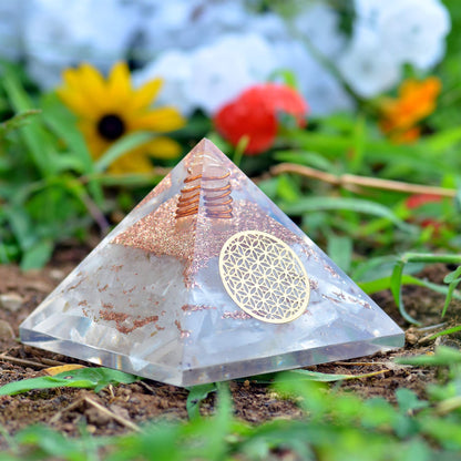 Orgone Selenite Crystal Pyramid with Flower of Life –for Chakra Healing and Spiritual Protection from E-emission and Negative Energy