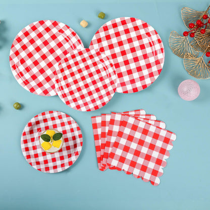 200Pcs Christmas Red Gingham Party Supplies Red Gingham Paper Plates and Napkins Cups Plaid Party Plates Disposable Reds and White Checkered Plates for Christmas Birthday Family Picnic，Serves 50