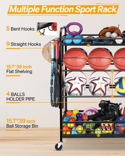 EXTCCT Garage Sports Equipment Organizer - Rolling Ball Storage Bin with Wheels, Garage Sports Gear Rack Outdoor Basketball Racks for Balls with Baseball Bat Holder and Hooks, Toy Organizer