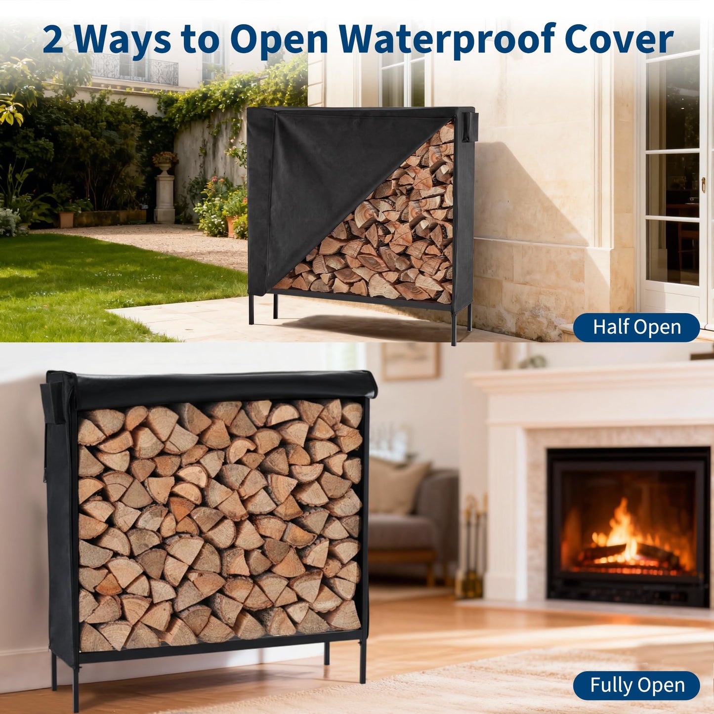 DUMOS 4FT Heavy Duty Firewood Storage Rack, Firewood Storage Log Rack with Cover and Zipper, Indoor Outdoor Wood Racks for Fire Wood Holder
