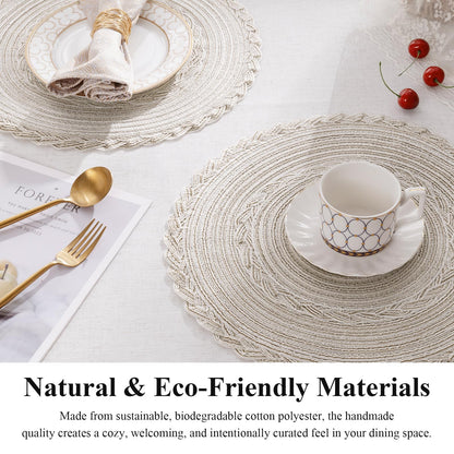 SHACOS Round Placemats Set of 6 Boho Braided Bordered Place Mats 15 inch for Dining Tables Wedding Holiday Party (Ivory Bordered, 6)