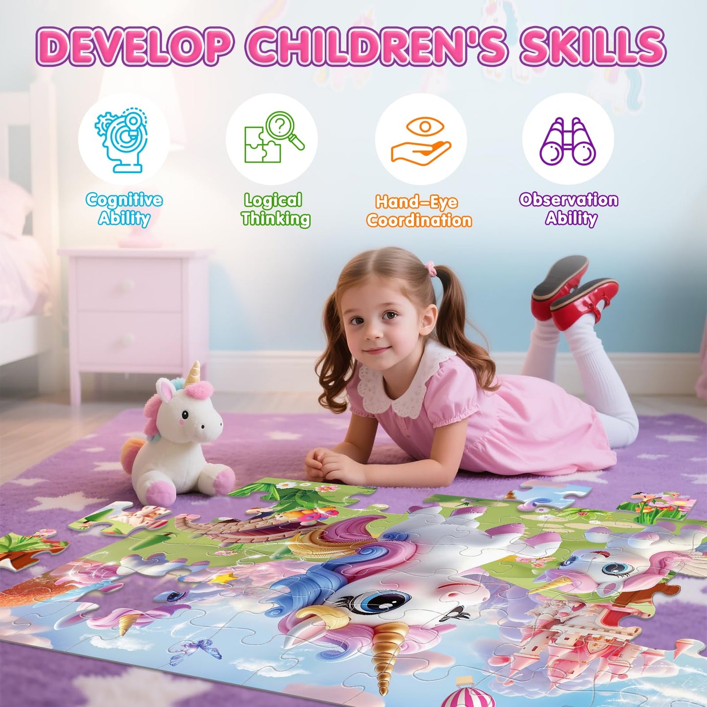 Jumbo Floor Puzzle for Kids,48 Piece Unicorn Large Jigsaw Puzzles,Puzzle for Toddler Ages 3-5,Fun Educational Preschool Learning Toy Easter Gift for Boys & Girls Ages 4-8