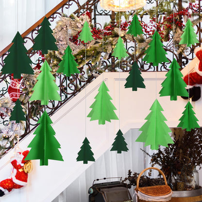 JarThenaAMCS 18Pcs 3D Christmas Tree Hanging Decorations Green Xmas Tree Paper Hanging Ornaments with String for Winter Home Party Wall Ceiling