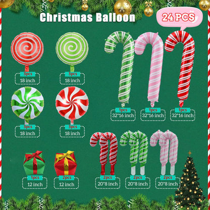 24 Pcs Christmas Balloons, Candy Cane Swirl Gift Box Balloons, Foil Red Green Pink Balloons Kit for Christmas Party Birthday Candy Themed Party Decorations