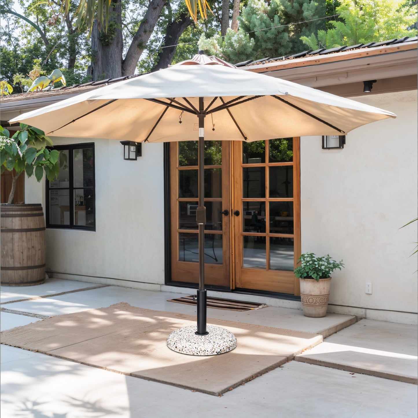 JOINHOM 45lbs Patio Umbrella Base, Outdoor Umbrella Stand, Concrete with Cobblestone Decor Heavy Duty Umbrella Holder Outdoor Base for Deck Poolside Yard (Cobblestone)