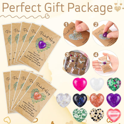 Nosiny 45 Sets Heart Stones Bulk Mother's Day Gift for Women Pocket Hug Token 0.8'' Natural Heart Crystals and Healing Stones with Card Employee Coworker Volunteer Nurse Graduation Meditation Gift