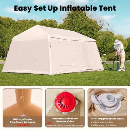 8-10 Person Large Inflatable Camping Tents with Canopy, Blow Up Tent House 2 Rooms, 4 Season Hot Tent with Stove Jack & AC Ports, Glamping Camping Tents for Outdoors, Easy Setup with Air Pump