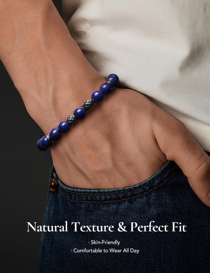 King Will Natural Lapis Lazuli Bead Bracelet for Men, 10mm Royal Blue Gemstone Spiritual Healing Bracelet with Braided Metal Accents, Inner Peace Jewelry