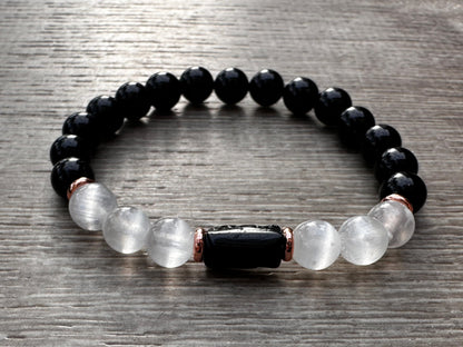 Black Tourmaline and Selenite Crystal Bead Bracelet 8mm, Genuine Black Tourmaline Cylinder with Copper Discs Stretch Gemstone Bracelet, Healing Crystal Bracelet, Gift for Men & Women (1)