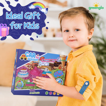 greenglo Kids Sensory Magic Sand Playset - 1.10 Lbs Color Sand Kit, 16 Pcs Molds (Cake/Dessert, car, sea Animal) & Tools, Ideal Sensory Bin for Boys & Girls Ages 3-8