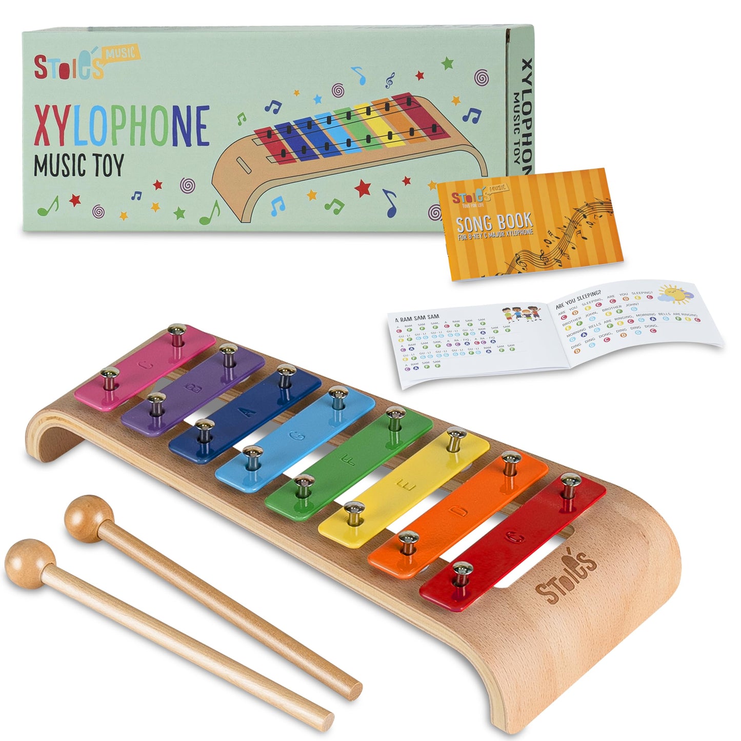 Stoie's Wooden Xylophone for Kids and Toddlers, Curved Design, 8 Notes of Rainbow Color, Tuned C-Key Xylophone with Mallets, Music Songbook, Kids Musical Instrument Educational Montessori Toys
