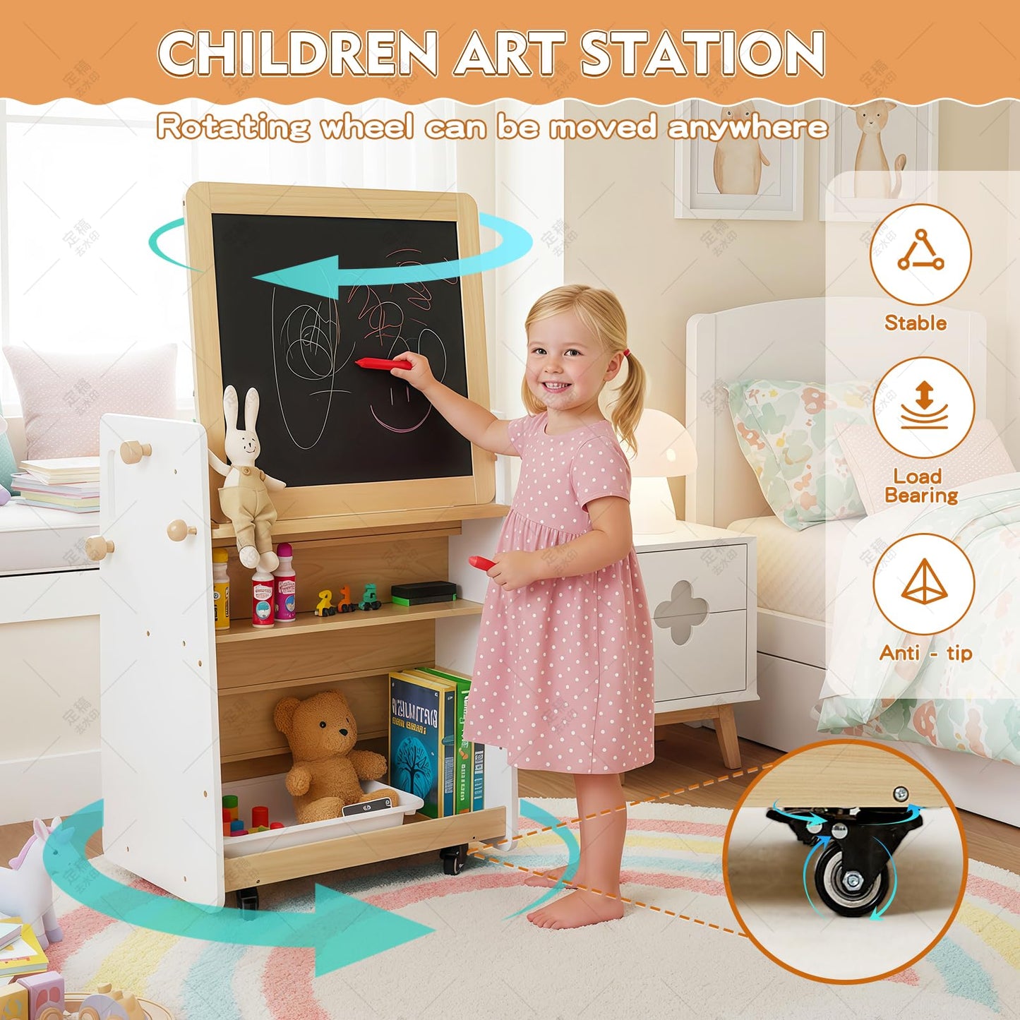 Kids Bookshelf & Easel & Toys Storage Organizer with Wheels, 3-in-1 Wooden Art Easels with Chalkboard & Whiteboard for Toddlers, 5-Tier Montessori Book Shelf for Kids Rooms, Bedroom, Nursery, Playroom