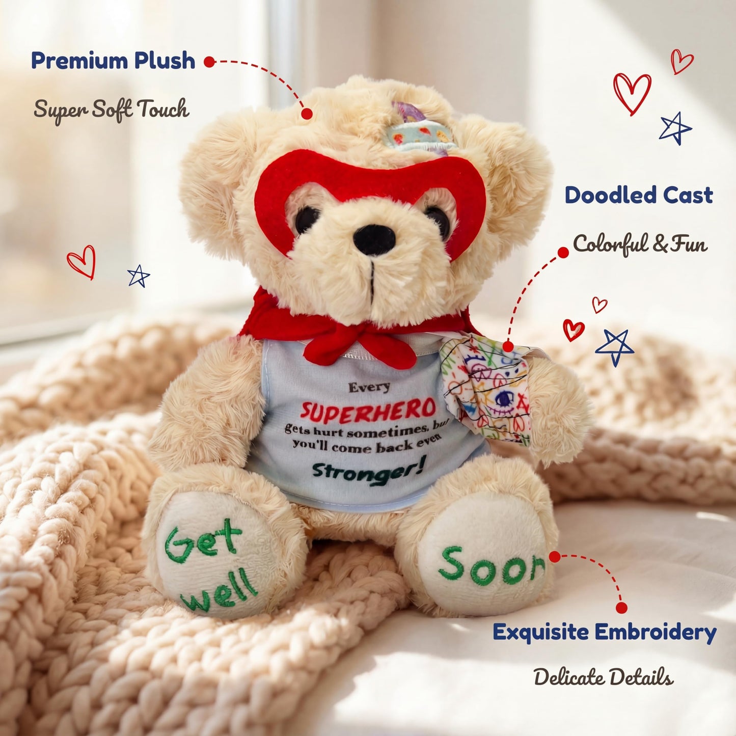 SHSEEN Broken Arm Gifts for Kids, Superhero Get Well Soon Bear with Switchable Cast (Fits Left or Right Arm), 8 Inch Stuffed Animal for Surgery Recovery, Broken Wrist, Tonsillectomy, Brave Boys & Girl