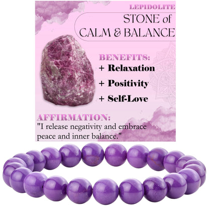 Lepidolite - Calm and Balance - 8mm Beaded Bracelets for Women Handmade Semi Precious Natural Stone Stretch Elastic Jewelry Yoga Protection Gifts