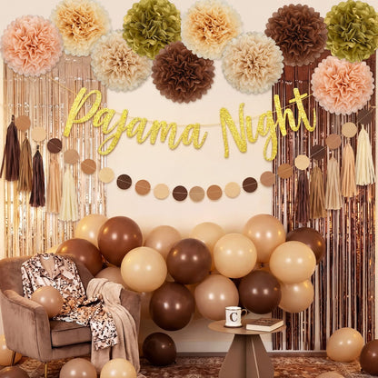 Riceshoot 41 Pcs Brown and Beige Pajama Night Party Decoration Kit Include Pajama Night Banner Paper Pom Poms Tassel Garland Circle Dot Banner Balloons for Gathering Brown Party Decoration Supplies