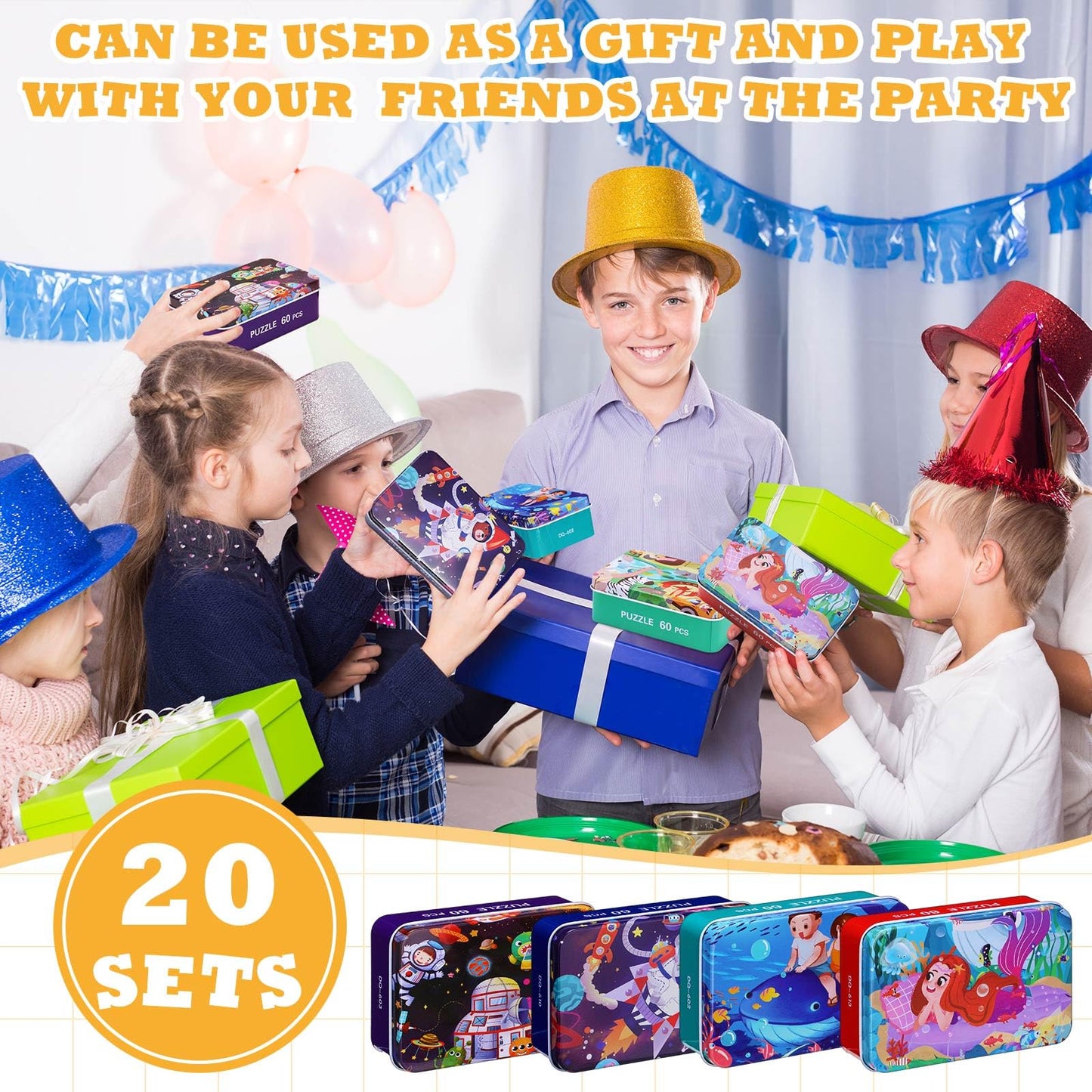 Silipull 20 Boxes Party Favors Jigsaw Puzzles in a Metal Box for Age of 4-8, Wooden Puzzle for Ages 4-8 Boys and Girls Learning Educational Puzzles Toys, 20 Styles