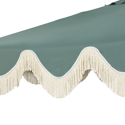 JONATHAN Y UMB1001K Collins 9 ft. Classic Cottage Fringe Tassel Market Patio Umbrella with Auto-Tilt Crank, Wind Vent and UV Protection in Green/Cream, White Pole