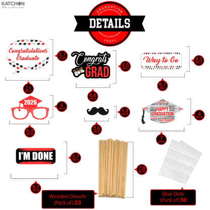 Graduation Decorations 2026 | Red Graduation Photo Props - Pack of 23 | Photo Props for Red & Black | Graduation Props for Congrats Grad Decorations | Class of 2026 Decorations, KatchOn