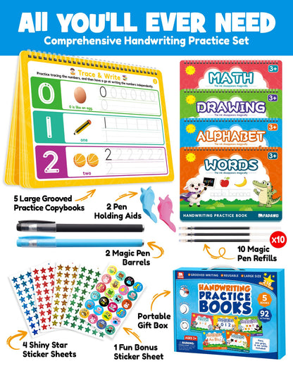 FADAWU Magic Grooved Writing Practice Books for Kids, Large Grooved Handwriting Copybook, Reusable Learn to Write Number Letter Preschool Tracing Workbook for Kids Ages 3-8, Birthday Gifts Toys