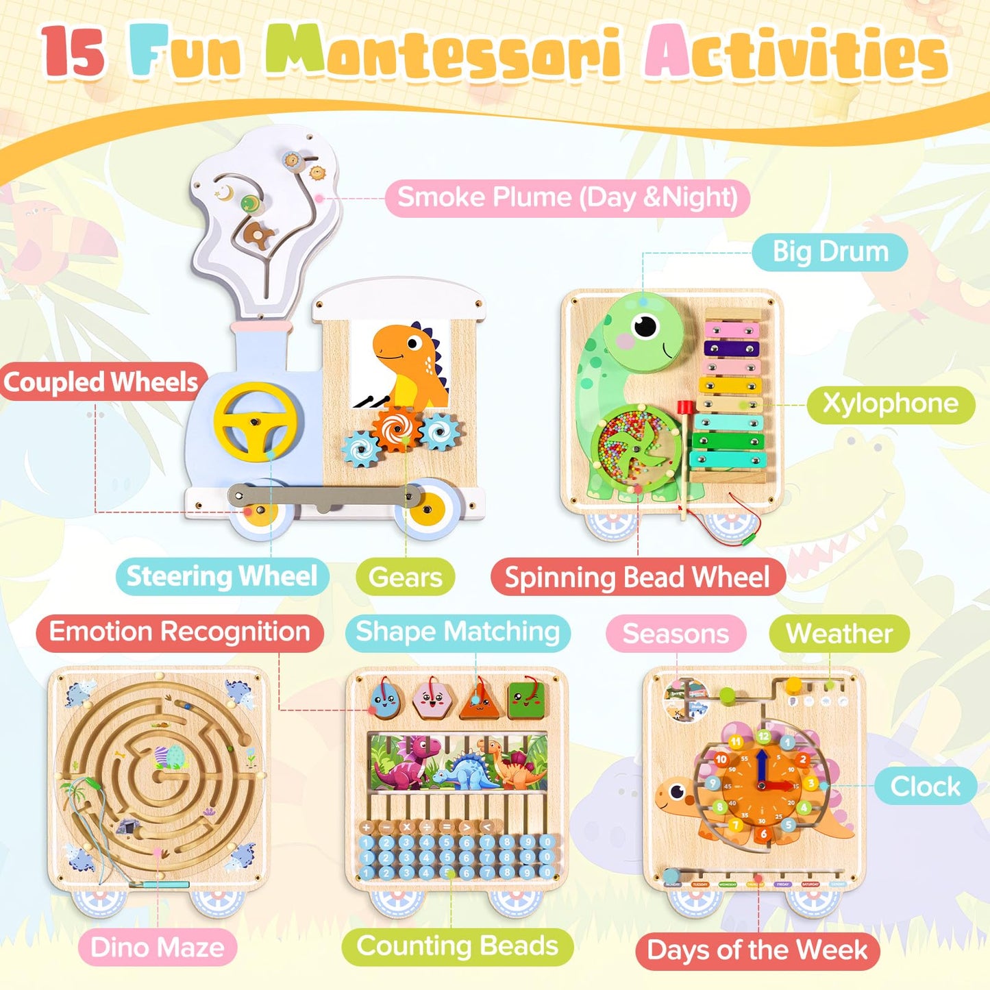 QIESIDM Train Activity Wall Busy Board,Wooden Montessori Sensory Toys,15-in-1 Sensory Wall Panel for Kids, Toddler Educational Toys for Playroom,Preschool,Daycare,Nursery,Classroom