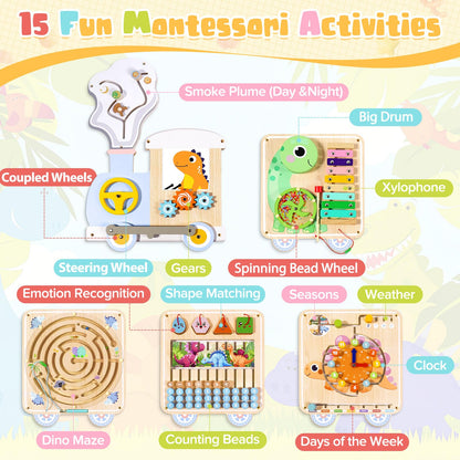 QIESIDM Train Activity Wall Busy Board,Wooden Montessori Sensory Toys,15-in-1 Sensory Wall Panel for Kids, Toddler Educational Toys for Playroom,Preschool,Daycare,Nursery,Classroom