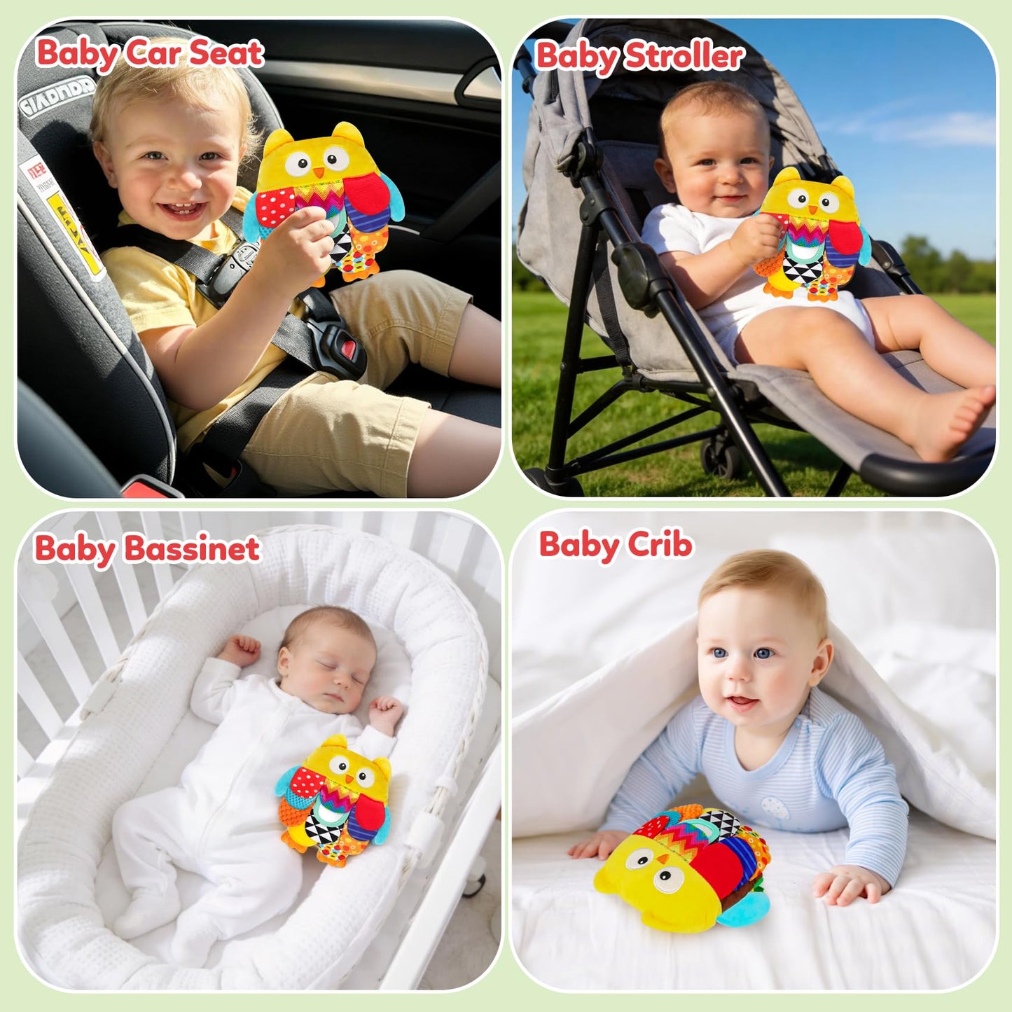 TSYAN Sensory Baby Owl Toy with Mirror, Crinkle & Squeaker–Tummy Time Educational Stuffed Animal for Infants 0-12 Months,Montessori Plush Toy Gifts for Newborns & Toddlers