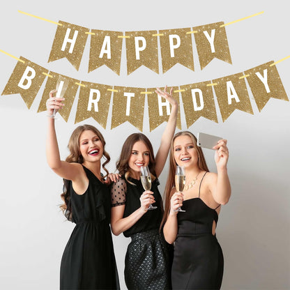 Netnology Pre-Strung Gold Happy Birthday Banner Decorations,12 ft No DIY Gold Glitter Birthday Party Banner Sign Decor for Women Men Girl Boy Party Supplies
