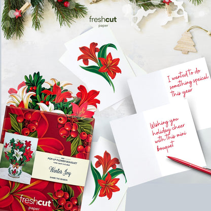 Freshcut Paper Pop Up Cards, Mini Winter Joy, 6 inch Mini Sized Paper Flower Bouquet 3D Popup Greeting Cards, Christmas Card, Holiday Card, Blank Notecards & Envelopes, Pack of 5